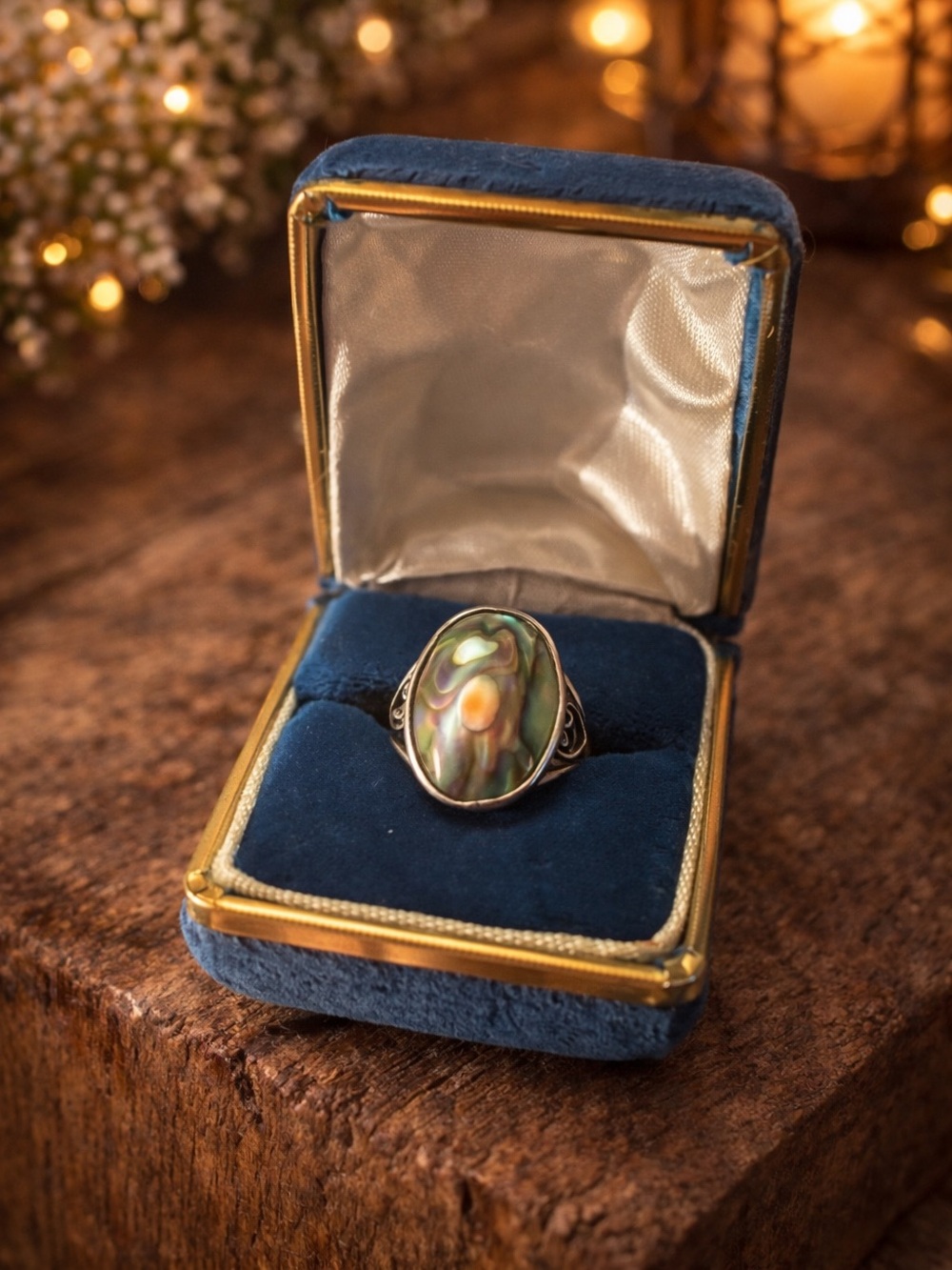 Vintage Stamped Sterling Silver Abalone Shell Ring Size 5 Openwork Heart Scroll